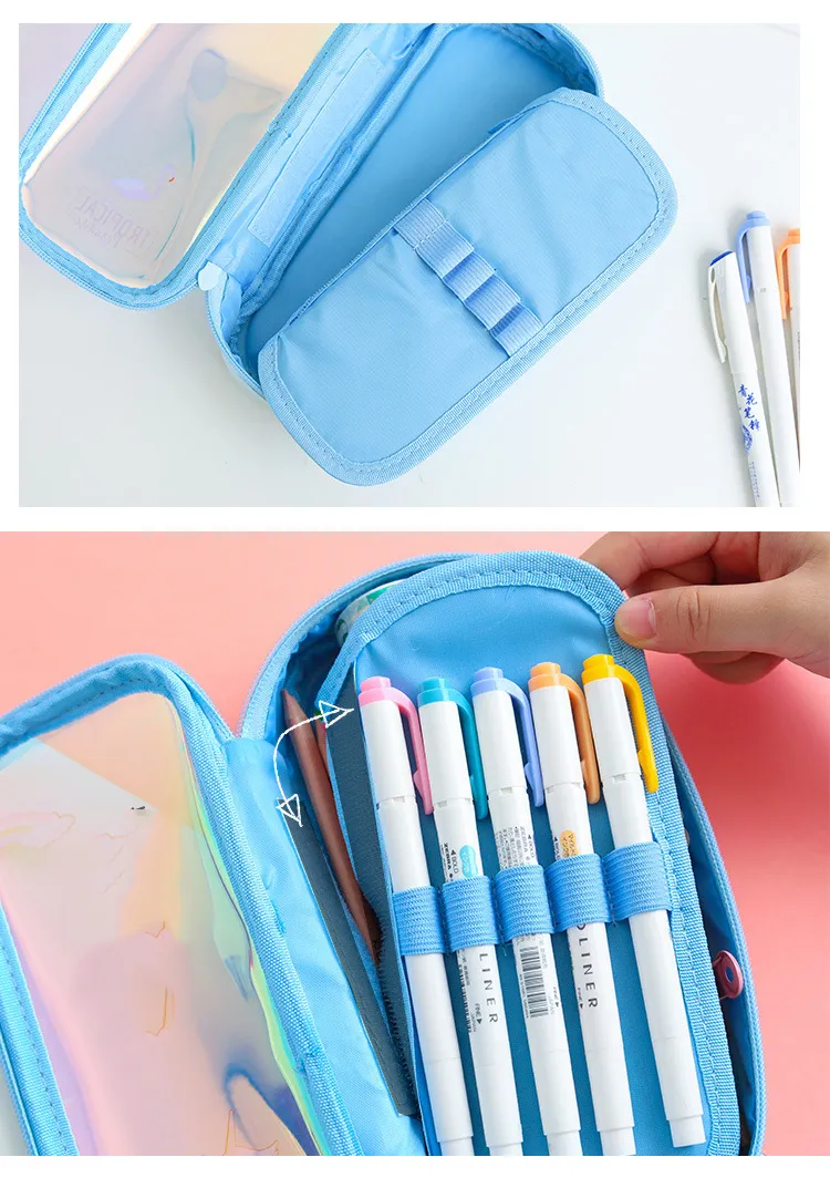 Hologram Colorful Transparent Pen Bag Zipper Cosmetic Makeup Pouch Bright Laser Clear Pencil Case