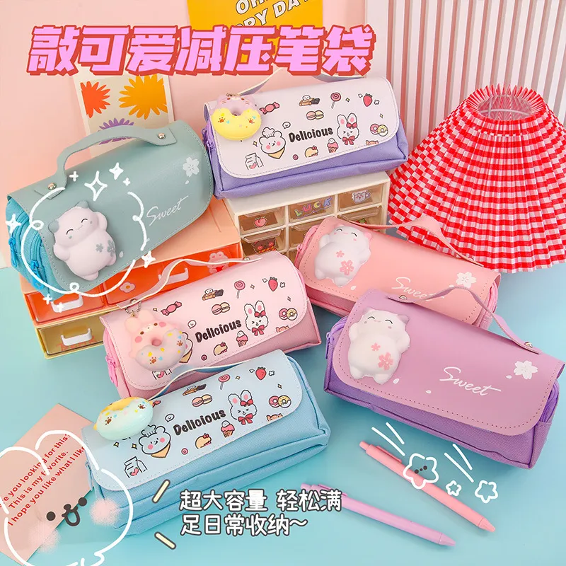 School Large Size Cartoon Donut Cat Design Cute Kawaii Pencil Case for Kids