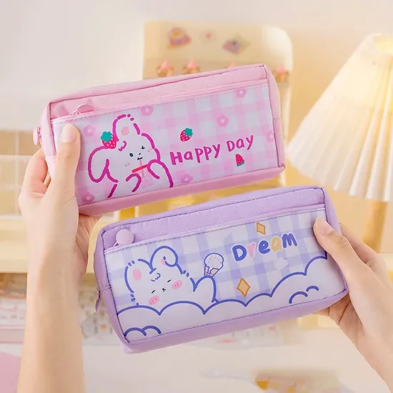 Large Capacity School Children Kawaii Cartoon Canvas Oxford Pencil Case with Zipper