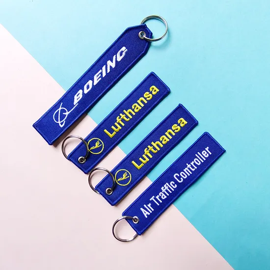 High Quality Custom Woven Fabric Embroidery Key Jet Tag Patch Keychain Key Ring Jet Tag