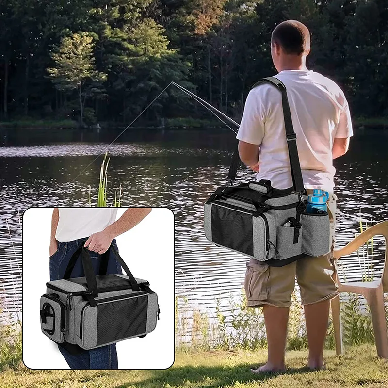2024 New Fishing Gear Luggage with Rod Frame Waterproof Fishing Gear Storage Bag with EVA Anti Slip Base