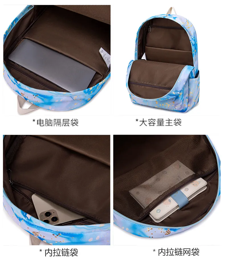 New Colorful Backpack for Primary and Secondary School Students Printed Schoolbag Women&prime;s Three Piece Set