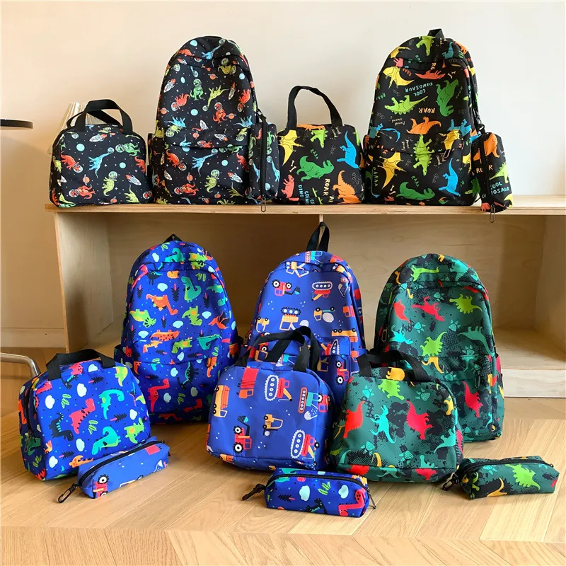 Cartoon Dinosaur Backpack with Graffiti Print Three Piece Set Large Capacity Student Backpack