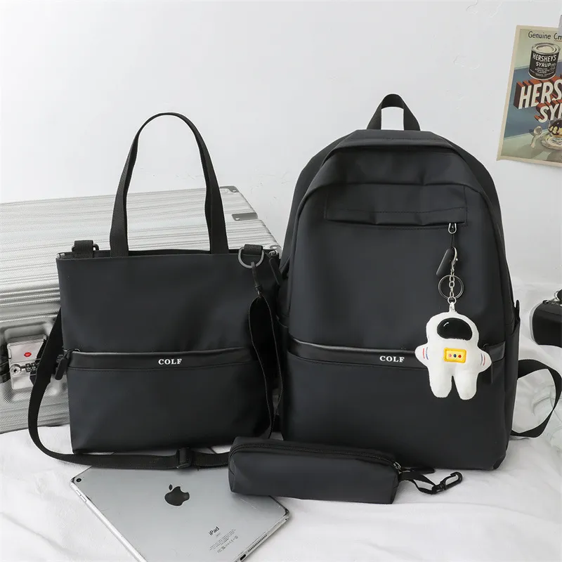 Trendy Fashionable Leather Film Large Capacity Middle School Student Three Piece Set Backpack