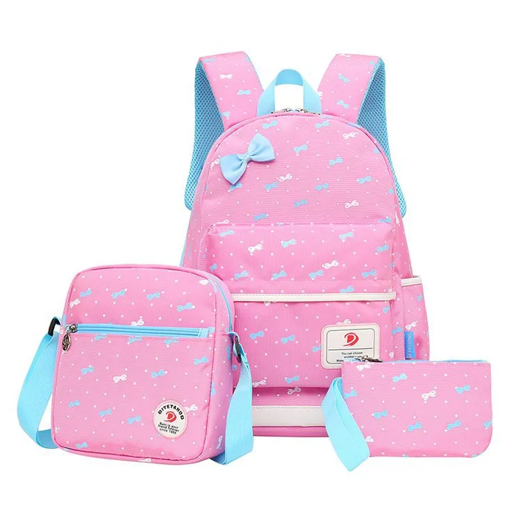 New Cross Border Cute Bow Print Three Piece Set for Middle School Students Campus Large Capacity Backpack