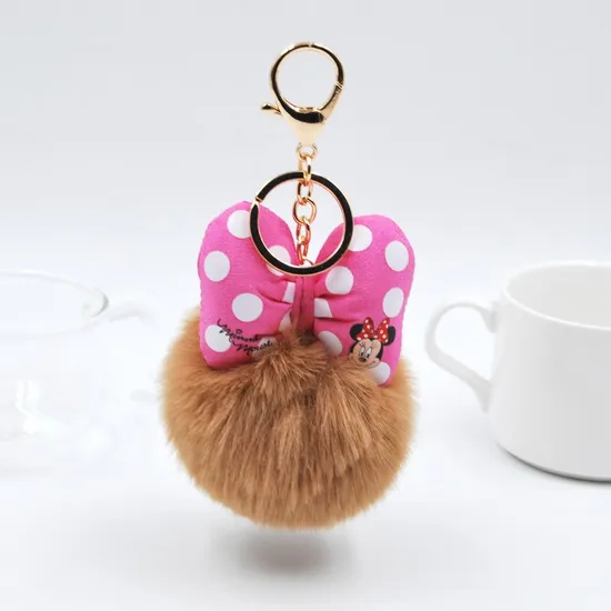 Pink Puff Keychain POM Mickey Head Keychain Pompom Tassel Keychain Pink