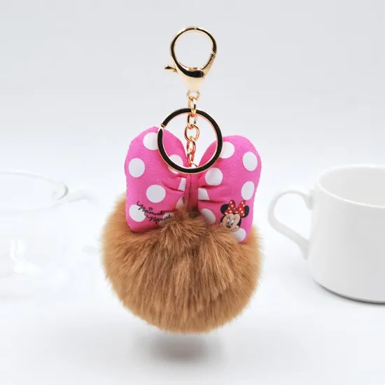 Pink Puff Keychain POM Mickey Head Keychain Pompom Tassel Keychain Pink