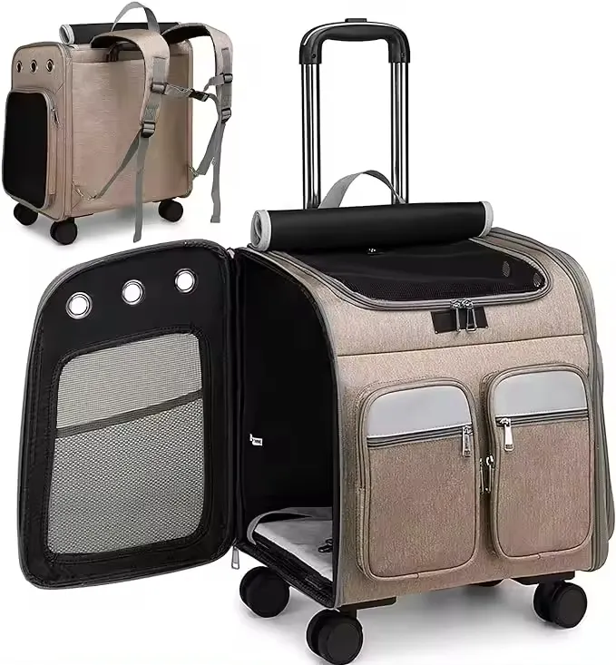 Airline Approved Telescopic Zipper Mesh Breathable Walking Handle Cat Dog Pet Carrier with Wheels Pet Suitcase