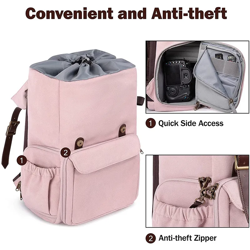 Customized New Fashionable Girl Pink Travel Camera Backpack Short-Term Travel Luggage Computer Storage Backpack