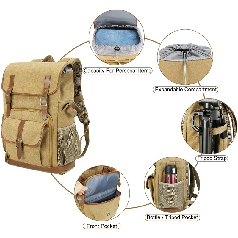 Customized Retro Fashion Waxed Canvas Backpack Outdoor Large Capacity Waterproof SLR Camera Backpack