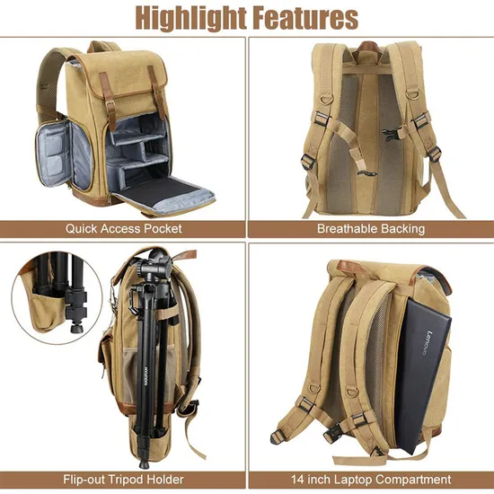 Customized Retro Fashion Waxed Canvas Backpack Outdoor Large Capacity Waterproof SLR Camera Backpack