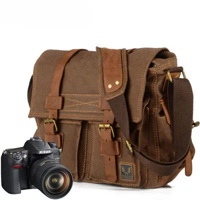 Canvas Leather Single Shoulder Crossbody Bag Casual Photography Waterproof Inner Liner DSLR Camera Bag