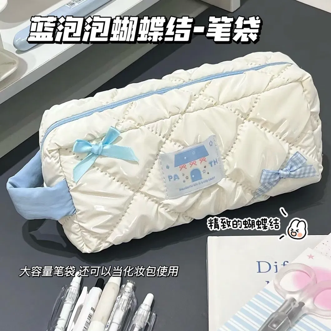 New Blue Bow Pen Bag Student Girl Heart Large Capacity Stationery Storage Makeup Bag