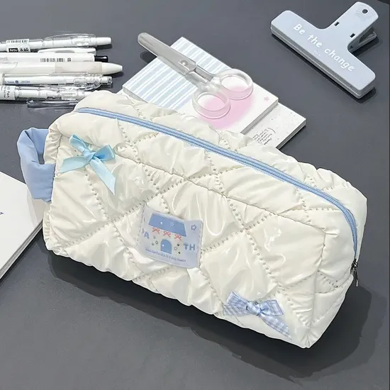 New Blue Bow Pen Bag Student Girl Heart Large Capacity Stationery Storage Makeup Bag