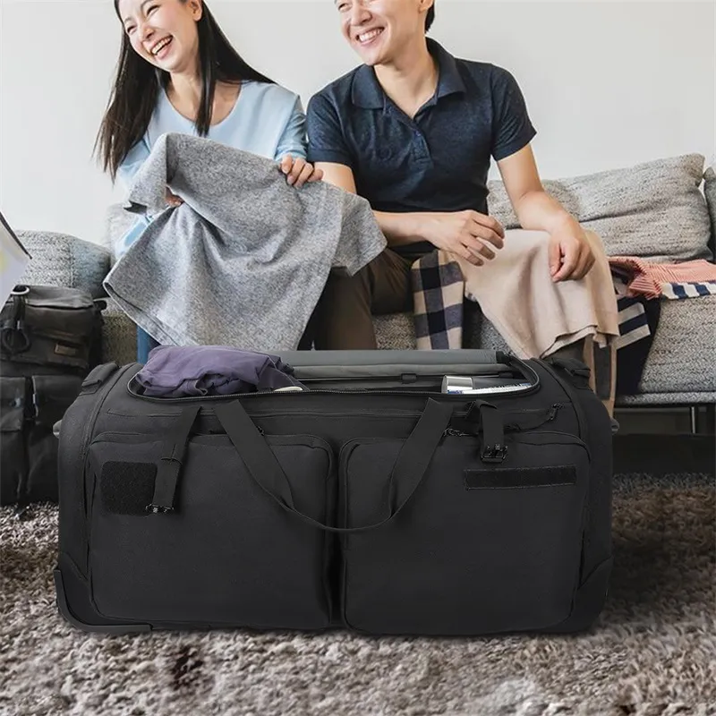 Multi-Pocket Trolley Bag Travel Bag with Wheels Trolley Wheeled Duffel Suitcase Luggage Rolling Duffle Bag
