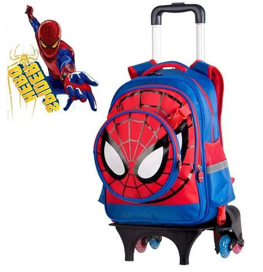 Cartoon Detachable Children Trolley School Bag with Three Wheel Spiderman Trolley Backpack