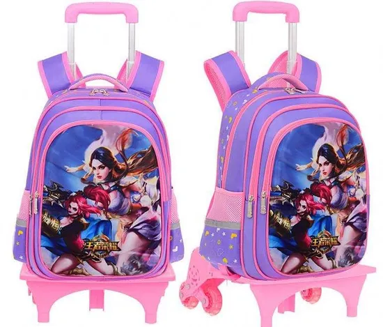 Cartoon Detachable Children Girl Trolley School Backpack Bag with Three Wheel