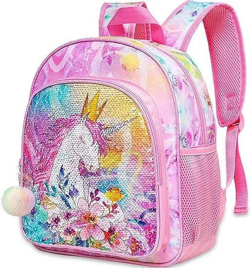 Custom Logo Unicorn Cartoon Sequin Schoolbag Girl Pink School Backpack Kids Cute School Bag for Girls