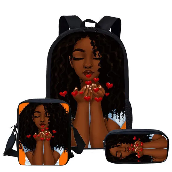Back to School Backpack Kids Bag African American Black Art Girls Schoolbag Mochila 3PCS Set School Bags for Girls