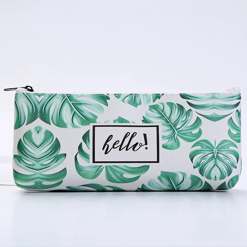 Fashion Office Stationery Bag Custom Leaves Pattern PU Leather Pencil Case