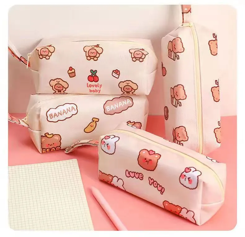 School Large Capacity Cute Cartoon Bear Zipper Pencil Case Canvas for Children