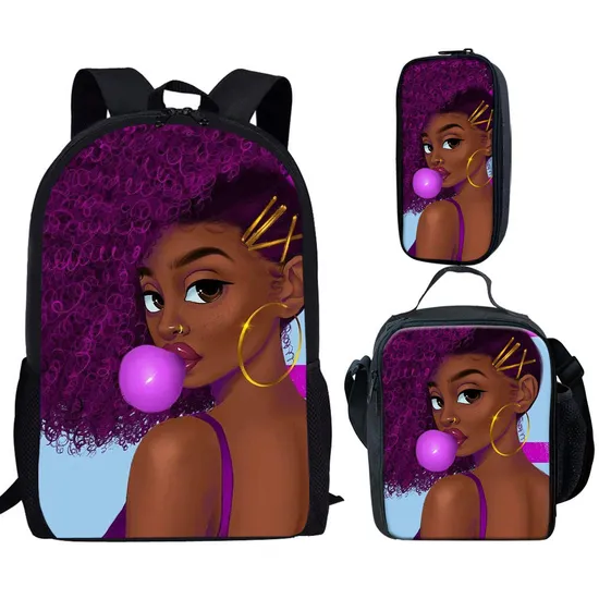 Girls Backpack for School Black Art African Girls Design Bagpack Children 3PCS/Set Schoolbag Bookbag