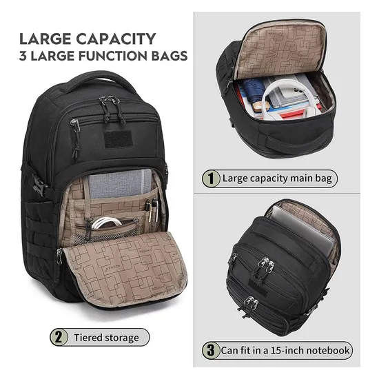 Black Polyester Waterproof Big Capacity Tactical Backpack Bags for Men Travel Outdoor