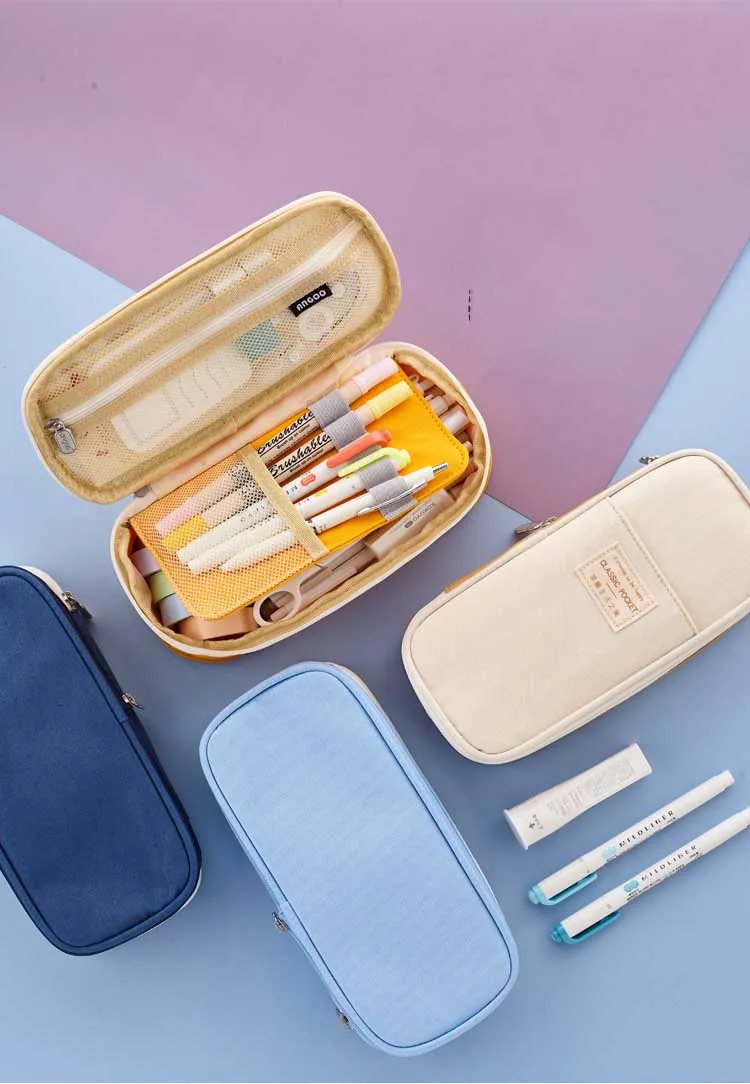 New Arrival Foldable Big Capacity Canvas Zipper Pencil Pouch Case Bag Stationery Organizers Compartments Cosmetic Makeup Bags