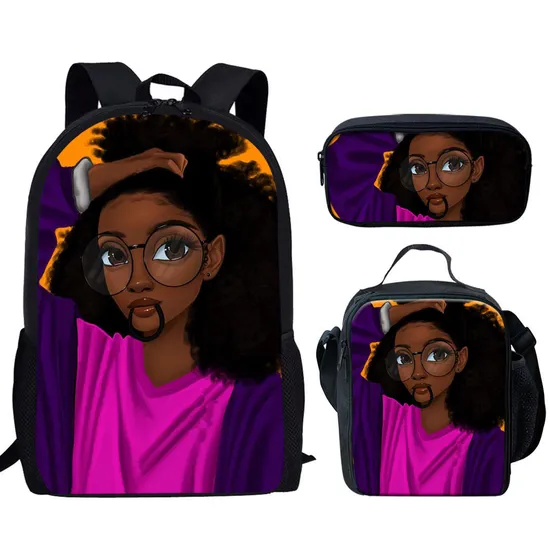 School Bags for Girls Black Art African Backpack Children 3PCS Schoolbags Set Kids Primary School Backpack Students